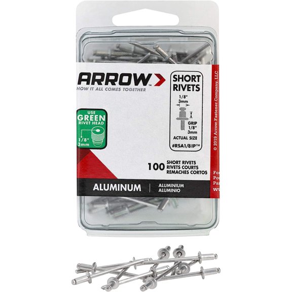 Arrow RSA1/8IP Short Aluminum 1/8-Inch Pop Rivets for Metal, Fabric, Leather, and Auto Repair, 100-Pack