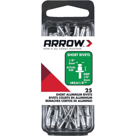 Arrow RSA1/8IP Short Aluminum Pop Rivets for Metal, Fabric, Leather, and Auto Repair, 1/8-Inch, 25-Pack