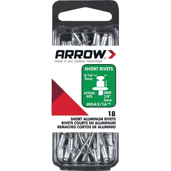 Arrow RSA3/16 Short Aluminum 3/16-inch Pop Rivets for Metal, Fabric, Leather, and Auto Repair, 18-Pack