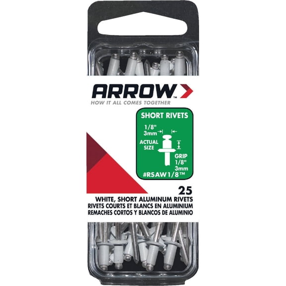Arrow RSAW1/8 Short Aluminum 1/8-Inch Pop Rivets for Metal, Fabric, Leather, and Auto Repair, 25-Pack