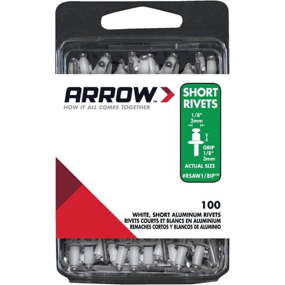 Arrow RSAW1/8IP Short Aluminum 1/8-Inch Pop Rivets for Metal, Fabric, Leather, and Auto Repair, 100-Pack