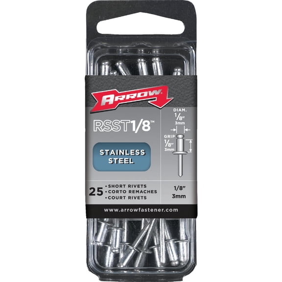 Arrow RSST1/8 Short Stainless Steel 1/8-Inch Pop Rivets for Metal, Fabric, Leather, and Auto Repair, 25-Pack