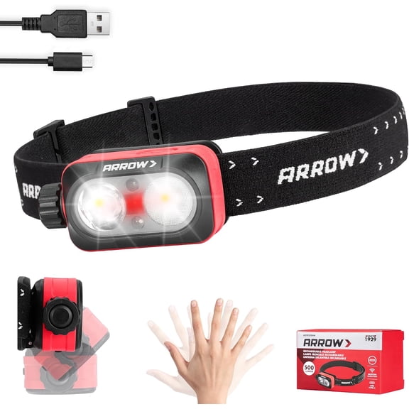 Arrow Rechargeable LED Headlamp, Spotlight & Floodlight Head Lamp with Red Light, 500LM, Motion Sensor, Stepless Dimming, 90 Adjustable, USB-C Rechargeable Headlight for Camping Running Hiking