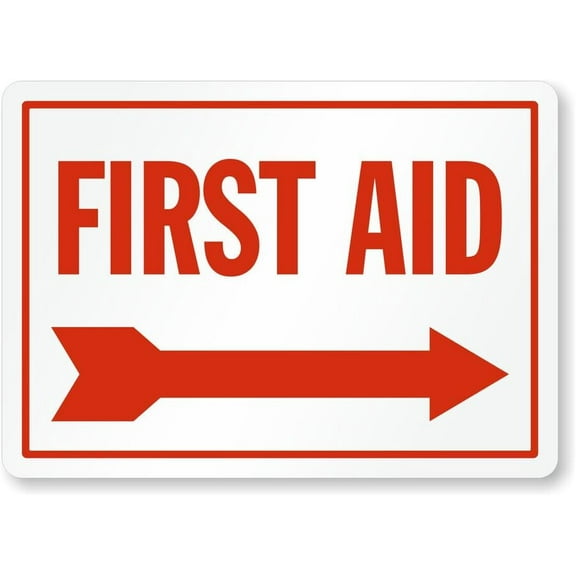 Arrow Right First Aid Weatherproof Metal Sign Size: 8 x 12 Inch