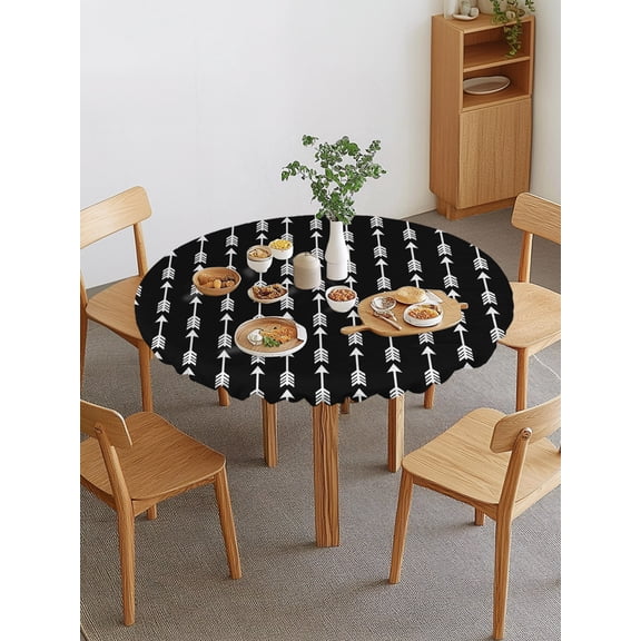 Arrow Round Fitted Tablecloth with Elastic Edge, Abstract Rustic Western Tribal Geometric Arrow Black Waterproof Stretch Table Covers for 36"-44" Tables Wipeable Table Cloth for Outdoor