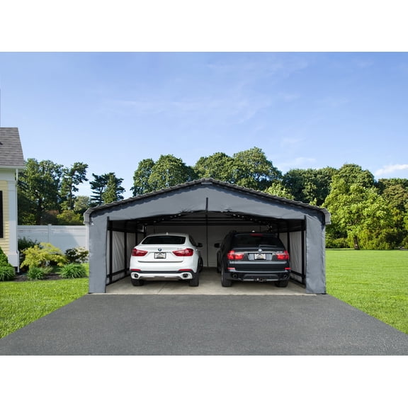 Arrow 20' x 20' x 7' 29-Gauge Carport with Galvanized Steel Roof Panels and Enclosure Kit, Eggshell