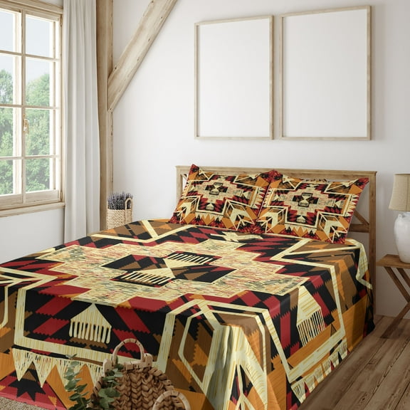 Ambesonne Retro Fitted & Top Sheet Set with Shams, Boho Plant, Orange Yellow Red