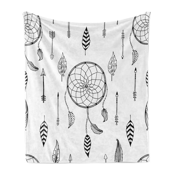 Arrow Soft Flannel Fleece Throw Blanket, Anthique Dreamcatchers Feathers and Arrows Design Western, Cozy Plush for Indoor and Outdoor Use, 50" x 60", Black White, by Ambesonne