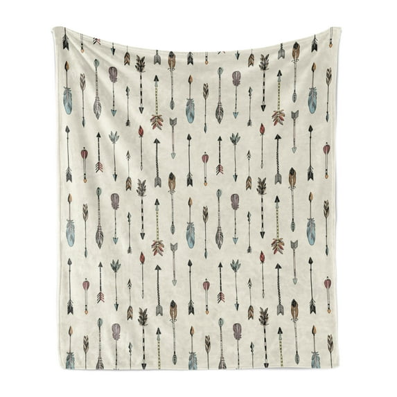 Arrow Soft Flannel Fleece Throw Blanket, Bohemian Style Historic with Colorful Feathers Vertically Aligned, Cozy Plush for Indoor and Outdoor Use, 60" x 80", Eggshell and Multicolor, by Ambesonne