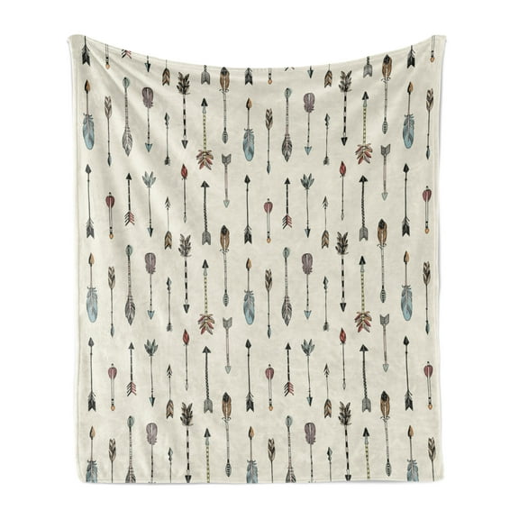 Arrow Soft Flannel Fleece Throw Blanket, Bohemian Style Historic with Colorful Feathers Vertically Aligned, Cozy Plush for Indoor and Outdoor Use, 70" x 90", Eggshell and Multicolor, by Ambesonne