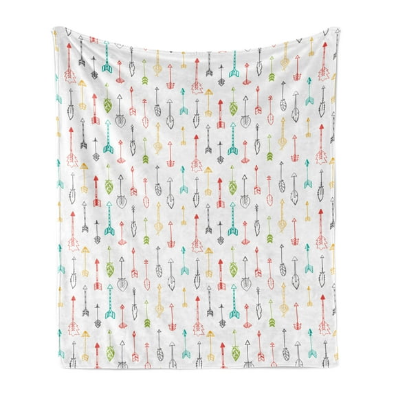 Arrow Soft Flannel Fleece Throw Blanket, Colorful Arrows Leaves Feathers Pattern Boho Modern Print, Cozy Plush for Indoor and Outdoor Use, 50" x 70", Yellow White, by Ambesonne