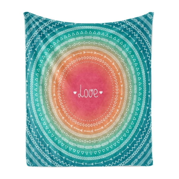 Arrow Soft Flannel Fleece Throw Blanket, Geometric Round Line Border with Eastern Motifs Infinite Love Art Print, Cozy Plush for Indoor and Outdoor Use, 50" x 60", Multicolor, by Ambesonne