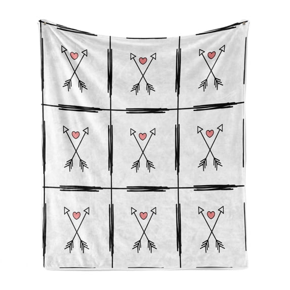 Arrow Soft Flannel Fleece Throw Blanket, Hand Drawn Arrow Pattern with Little Hearts Native Romantic Illustration, Cozy Plush for Indoor and Outdoor Use, 50" x 60", Black White Pink, by Ambesonne
