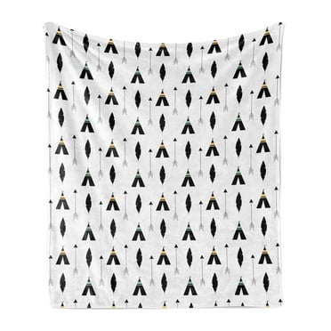 Arrow Soft Flannel Fleece Throw Blanket, Native Inspired Triangular Shapes and Feathers on Off White Background, Cozy Plush for Indoor and Outdoor Use, 50" x 60", Charcoal Grey White, by Ambesonne