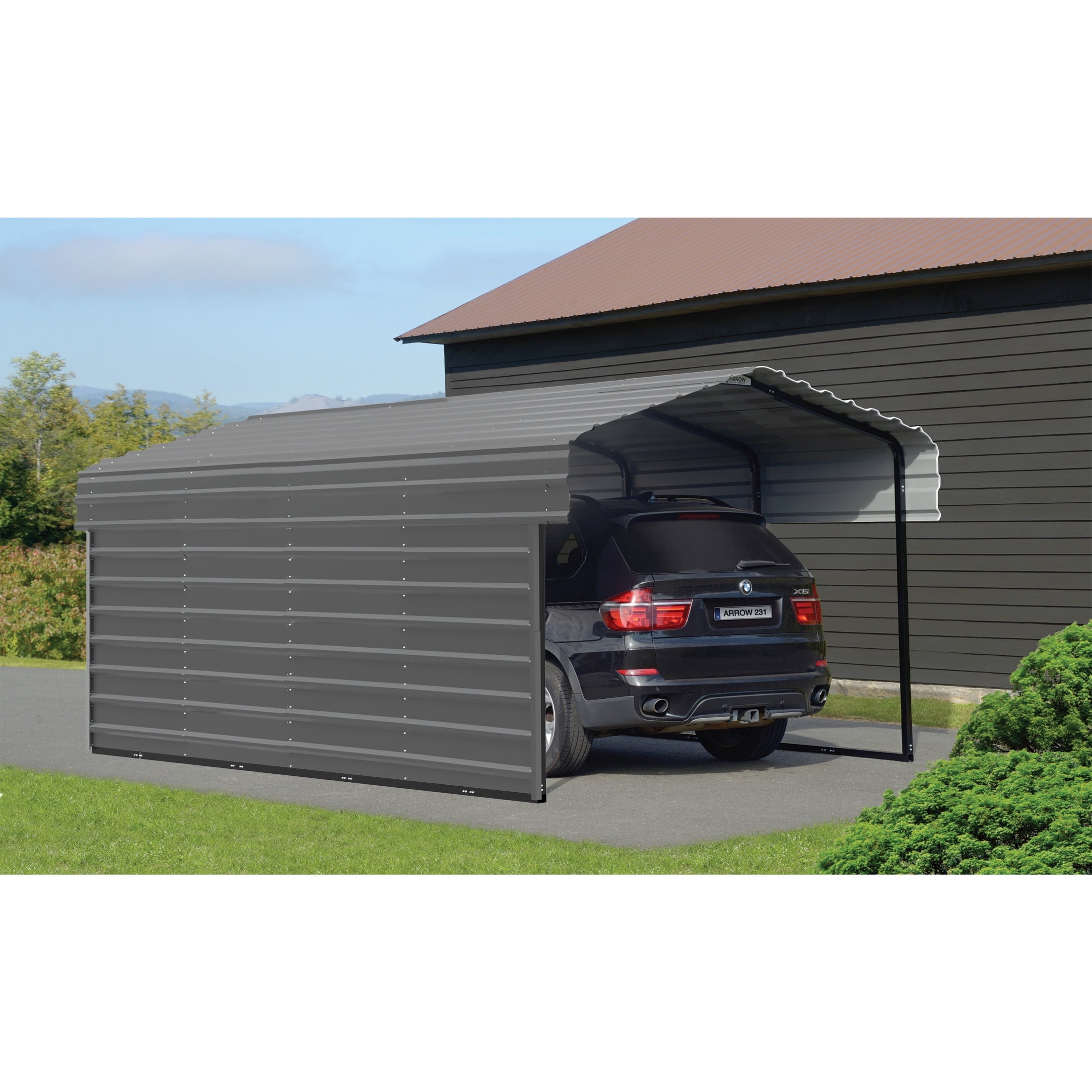Charcoal Steel 10x24 ft Carport with Enclosure