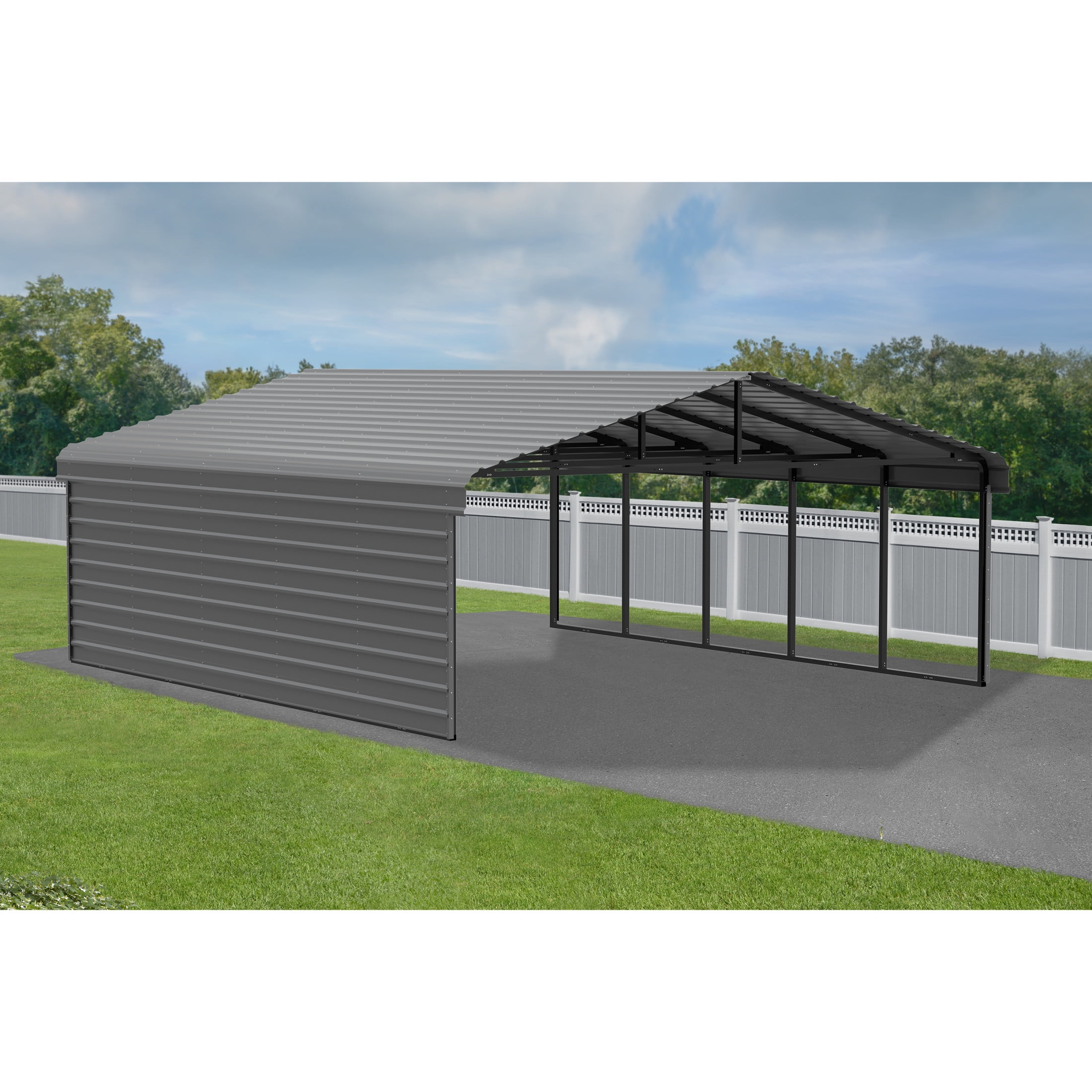 Charcoal Steel Carport Kit with 1-Sided Enclosure, 20' x 24'