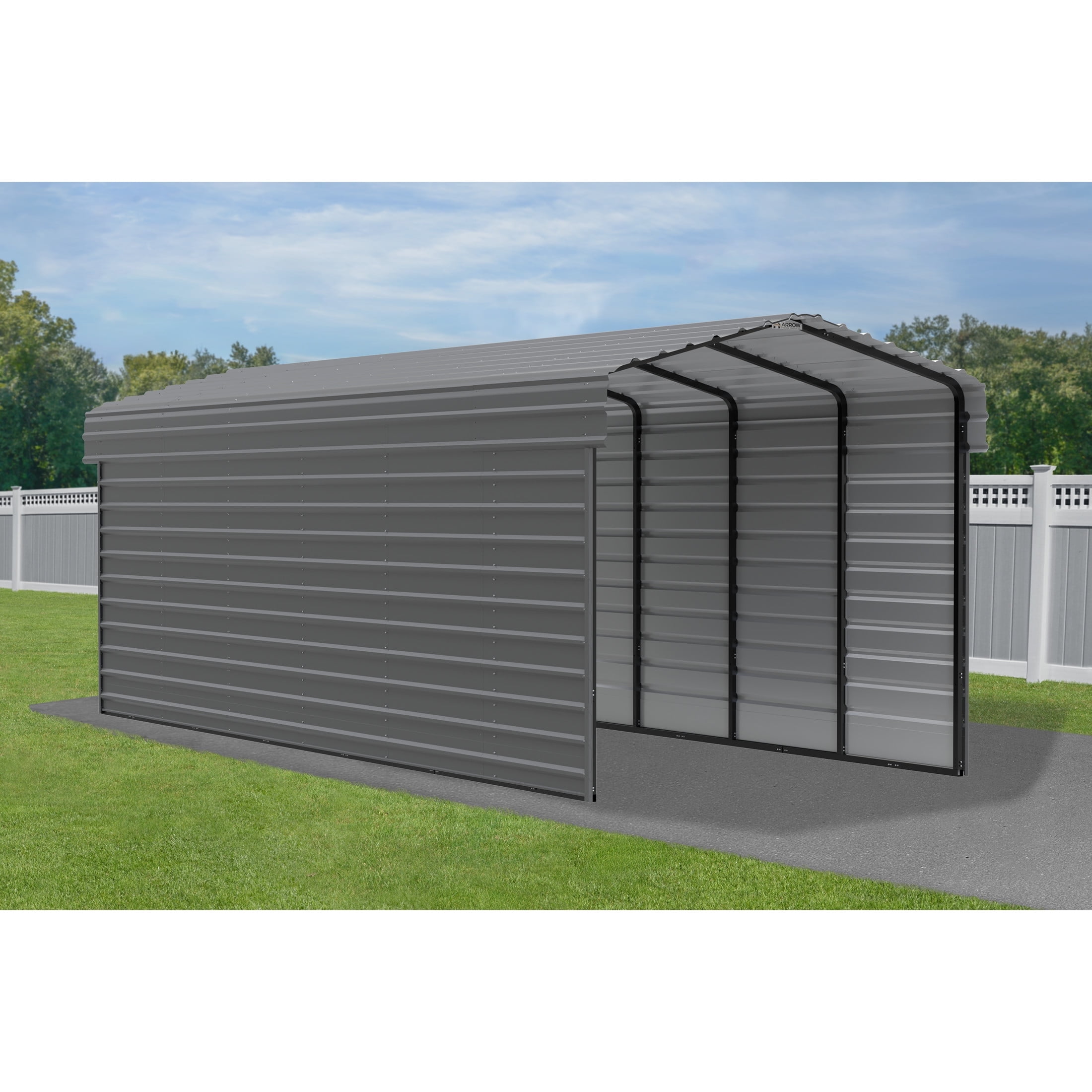 Charcoal Steel Peak Carport with 2-Sided Enclosure