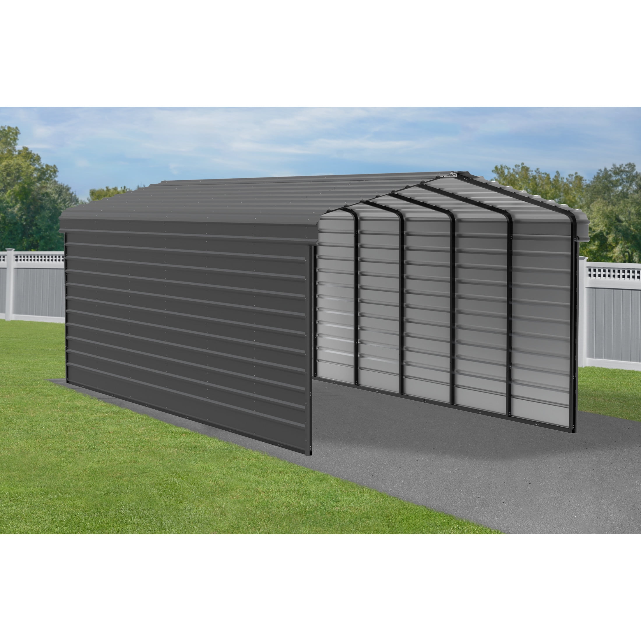 Charcoal Steel Peak Carport Kit with 2-Sided Enclosure
