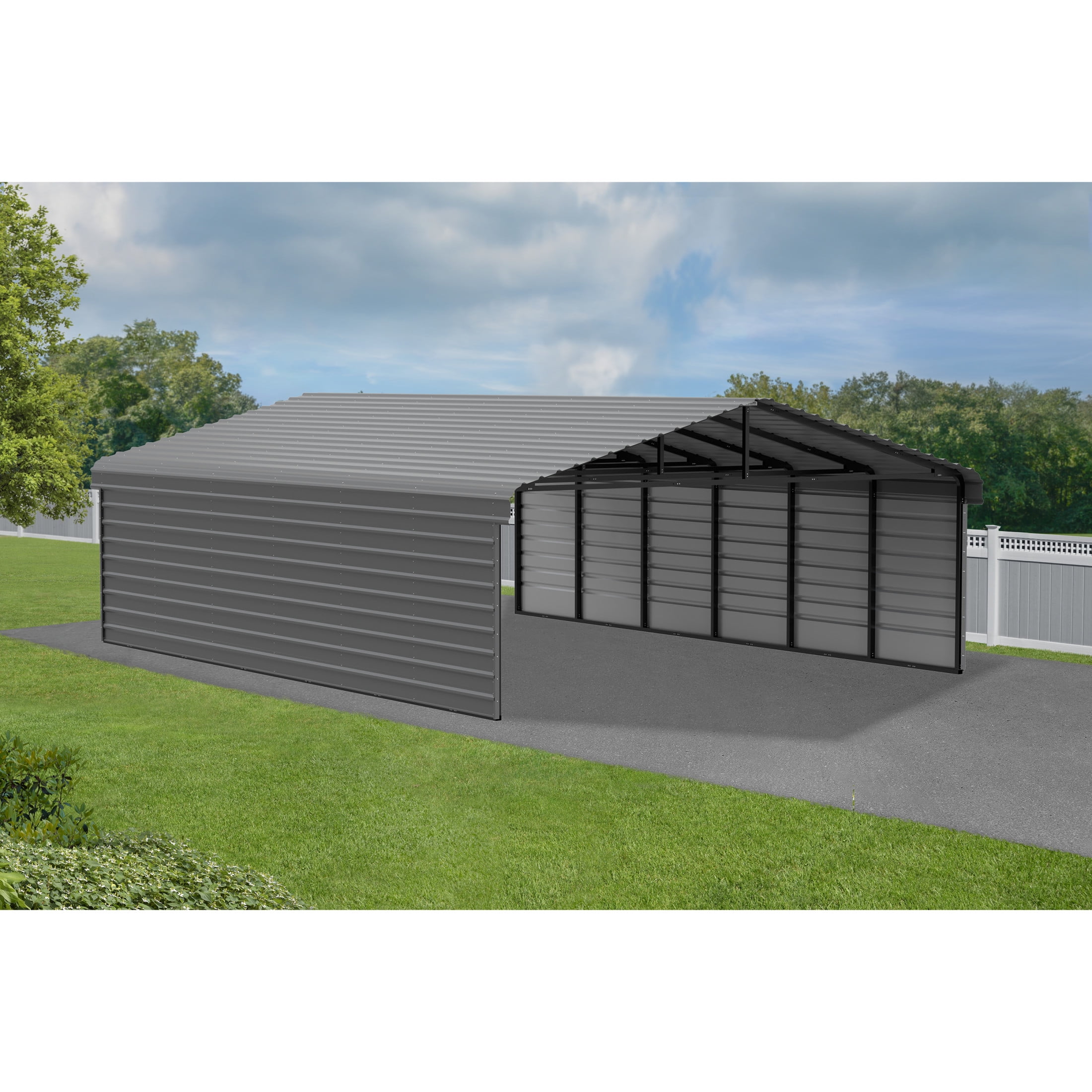 Charcoal Steel Carport Kit with 2-Sided Enclosure, 20' x 29'