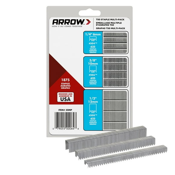 Arrow T50 Multi-Pack Heavy-Duty Staples - 1,875 Count Sizes 1/4 inch, 3/8 inch, and 1/2 inch