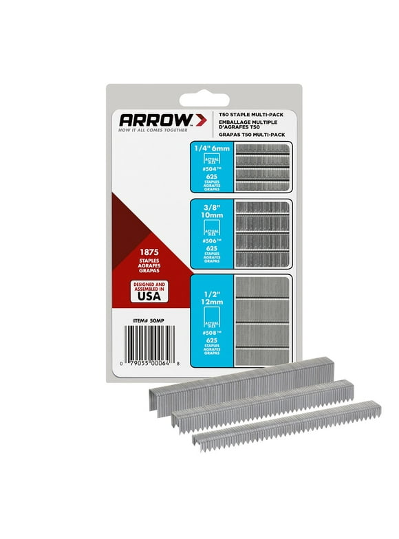Arrow T50 Multi-Pack Heavy-Duty Staples - 1,875 Count Sizes 1/4 inch, 3/8 inch, and 1/2 inch