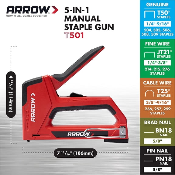 Arrow T501 5-in-1 Manual Staple and Nail Gun for Carpeting, Wiring, and Woodwork