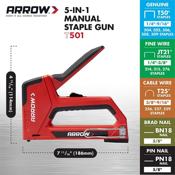 Arrow T501 5-in-1 Multi Tacker Manual Staple Gun, Compact, High and Low Power, New