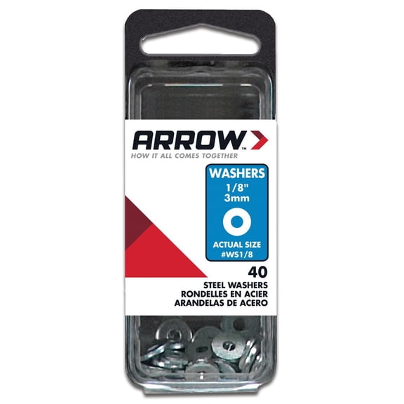 Arrow WS1/8 Steel 1/8-Inch Flat Washers for Screws, Bolts, and Rivets for Metal and Auto Repair, 40-Pack