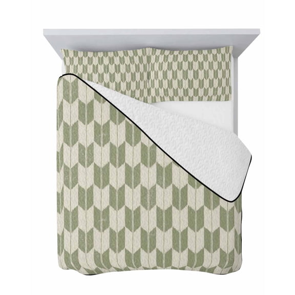 Arrow Weave 3 Piece Quilt Set Full Size, Abstract Sage Green Beige Geometric Arrangement Soft Bedspread Coverlet Bedding Set Microfiber Lightweight Comforter Set with 2 Pillowcases for Bedroom