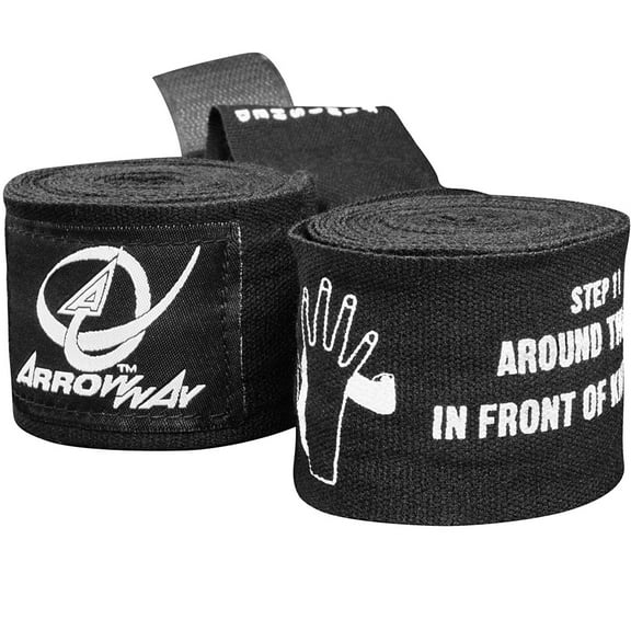 ArrowWay Instructional Hand Wraps w/ Printed Directions for Boxing & MMA - 142" Meister Elastic - Black