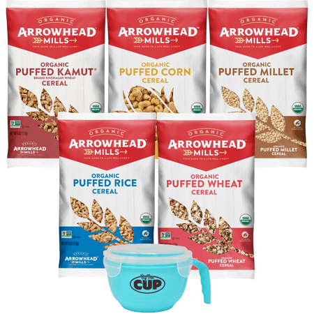 Arrowhead Mills Puffed Cereal Variety, 5 Types, Organic, Non GMO, 6 oz Each With By The Cup Cereal Bowl
