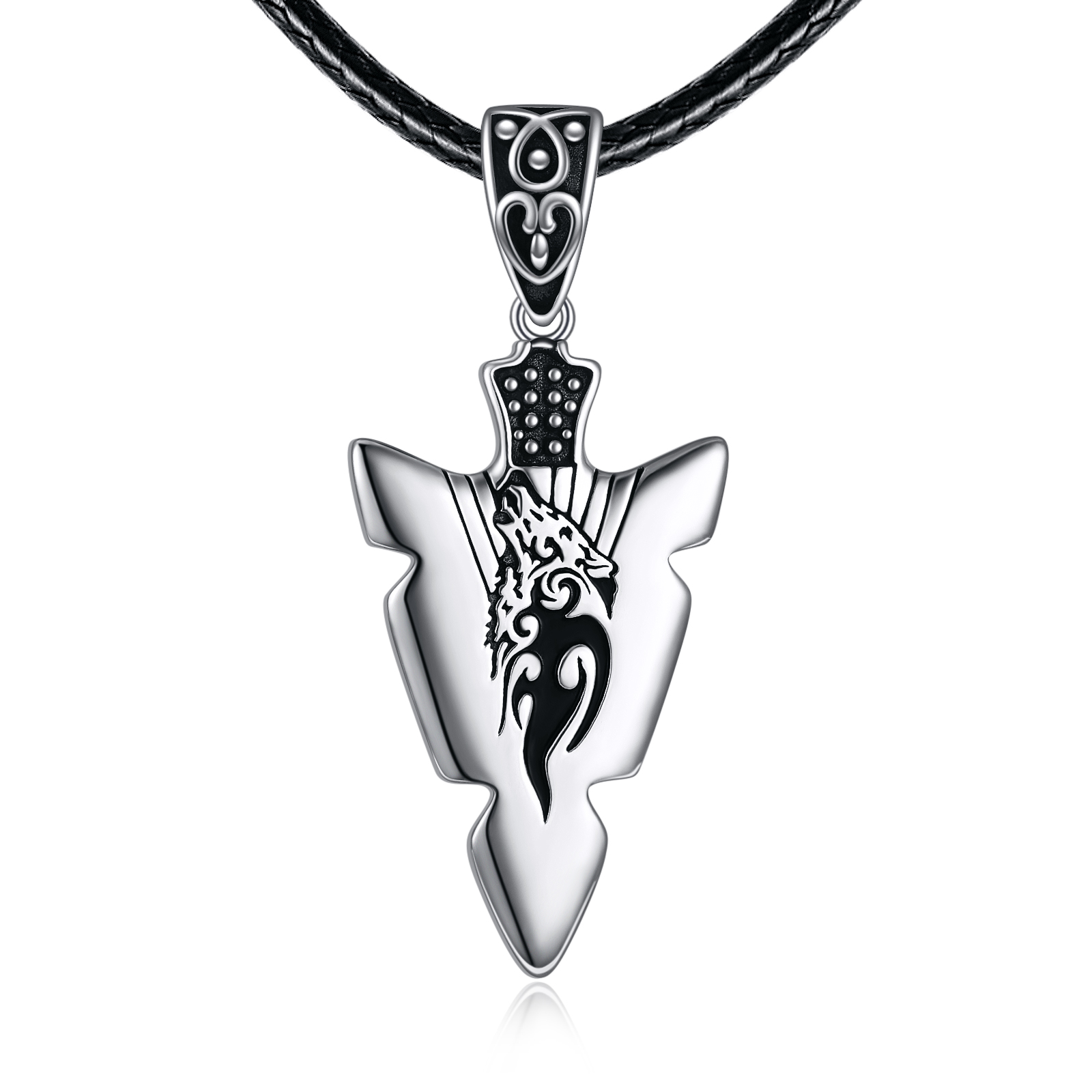 Arrowhead Necklace 925 Sterling Silver Wolf Viking Pendant Necklace Silver Spearpoint Leather Necklace Waterproof Cord Arrowhead Jewelry for Women Men