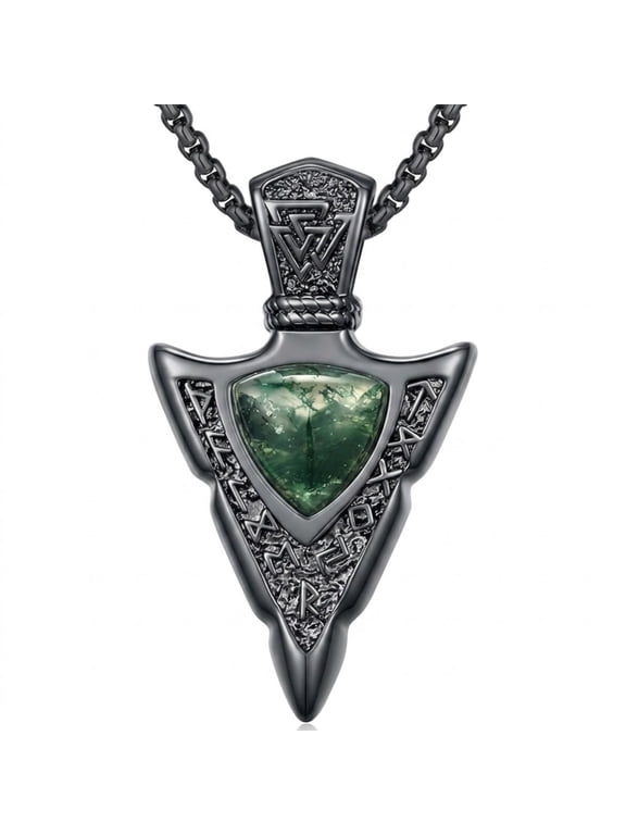 Arrowhead Necklace for Men – Viking Rune Engraved Pendant with Moss Agate, Black Gold Plated Spearhead Charm, Protection Courage Totem Jewelry, Gift for Husband