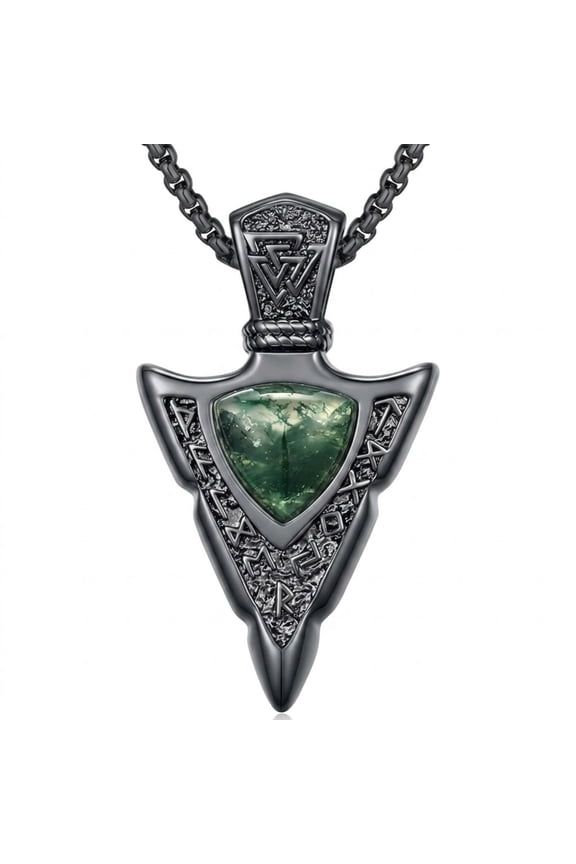 Arrowhead Necklace for Men – Viking Rune Engraved Pendant with Moss Agate, Black Gold Plated Spearhead Charm, Protection Courage Totem Jewelry, Gift for Husband