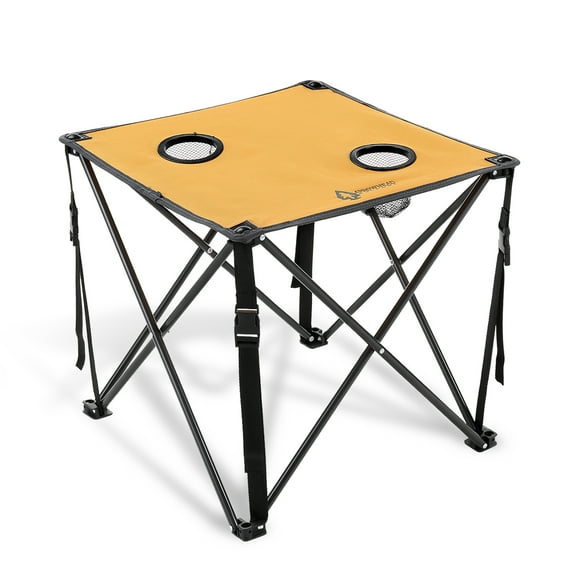 ARROWHEAD OUTDOOR 26” (66cm) Heavy-Duty Portable Camping Folding Table, 2 Cup Holders, Compact, Square, Carrying Case Included, Steel Frame, High-Grade 600D Canvas, USA-Based Support (Tan)