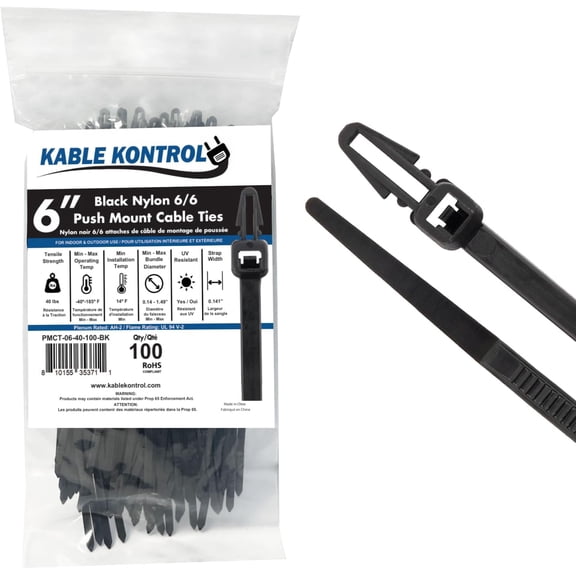 Arrowhead Push Mount Cable Ties Nylon - 6 Inch 15,000 Pcs - 40 Lbs Tensile Strength - Black - Bulk Pack
