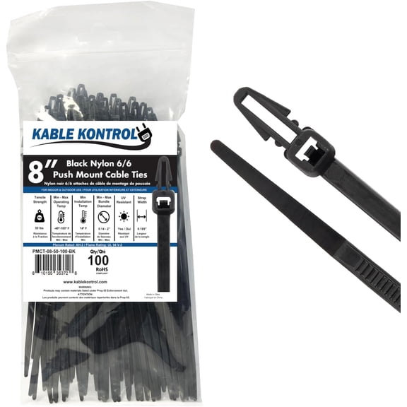 Arrowhead Push Mount Cable Ties Nylon - 8 Inch 8,000 Pcs - 50 Lbs Tensile Strength - Black - Bulk Pack
