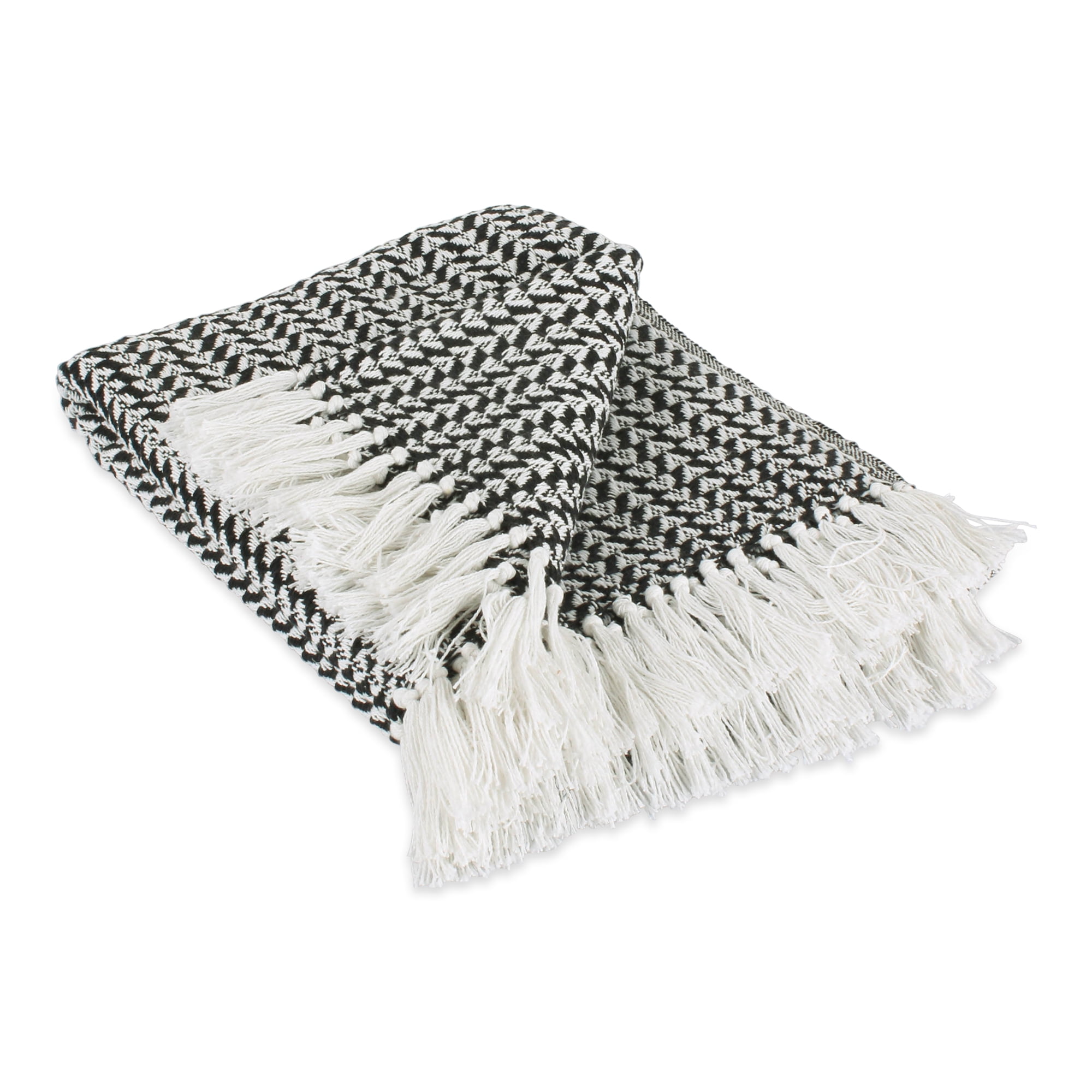 Black and White Cotton Woven Throw Blanket with Fringe