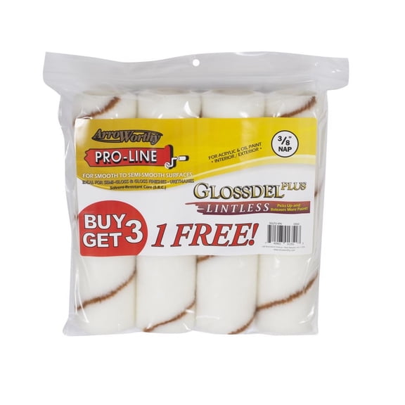 Arroworthy 1026292 9 x 0.375 in. Glossdel Plus Woven Regular Paint Roller Cover, White - Pack of 4