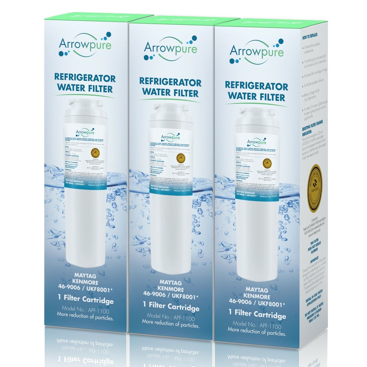 Arrowpure UKF8001 Refrigerator Water Filter Replacement Cartridge | Certified According to NSF 42&372 | Compatible with Maytag UKF8001AXX, 46-9992, 9005, Filter 4, PURICLEAN II, MFI2568AES, 3 Pack - image 1 of 4