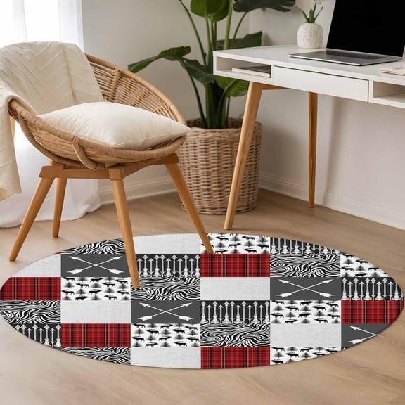 Arrows Zebra Stripes 3.3ft Round Rug for Bedroom Reading Corner, Forest Deer Red Black Buffalo Plaid Washable Non Slip Circle Area Rug
