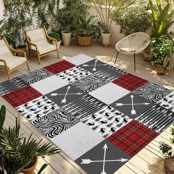 Arrows Zebra Stripes Outdoor Rug 3x5 ft Forest Deer Red Black Buffalo Plaid Non Slip Patio Rug Washable Absorbent Large Outdoor Carpet Outside Mat for Porch RV Garden Camping