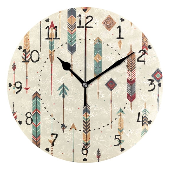 Arrows with Ethnic Style Pattern Round Wall Clock Silent Analog Battery Operated Black Pointer Home Decor 9.84" Diameter