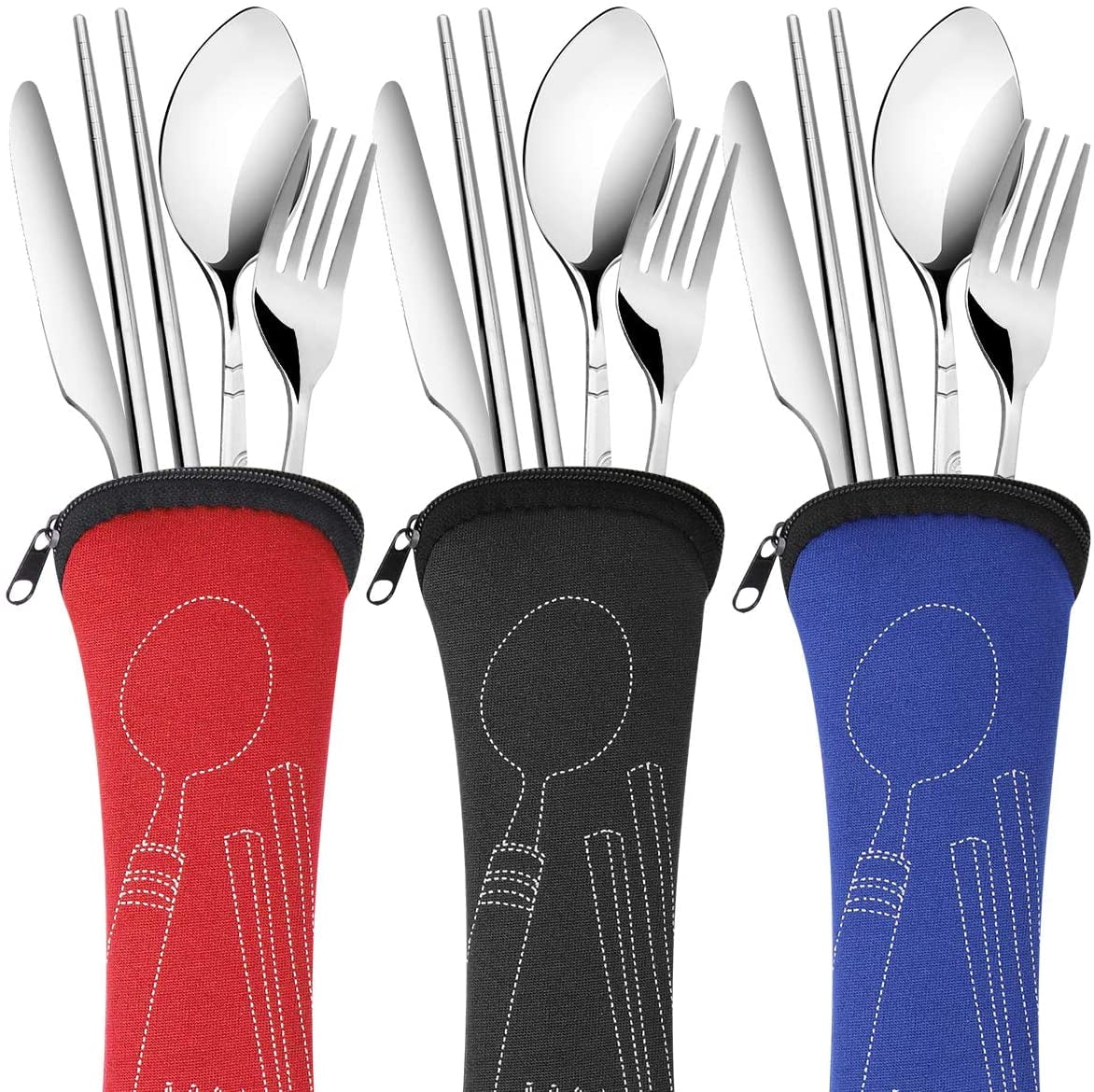 Arroyner 3 Pack Portable Travel Flatware Set, Reusable Silverware Knife  Fork Spoon Chopsticks Utensils, Stainless Steel Camping Cutlery for School