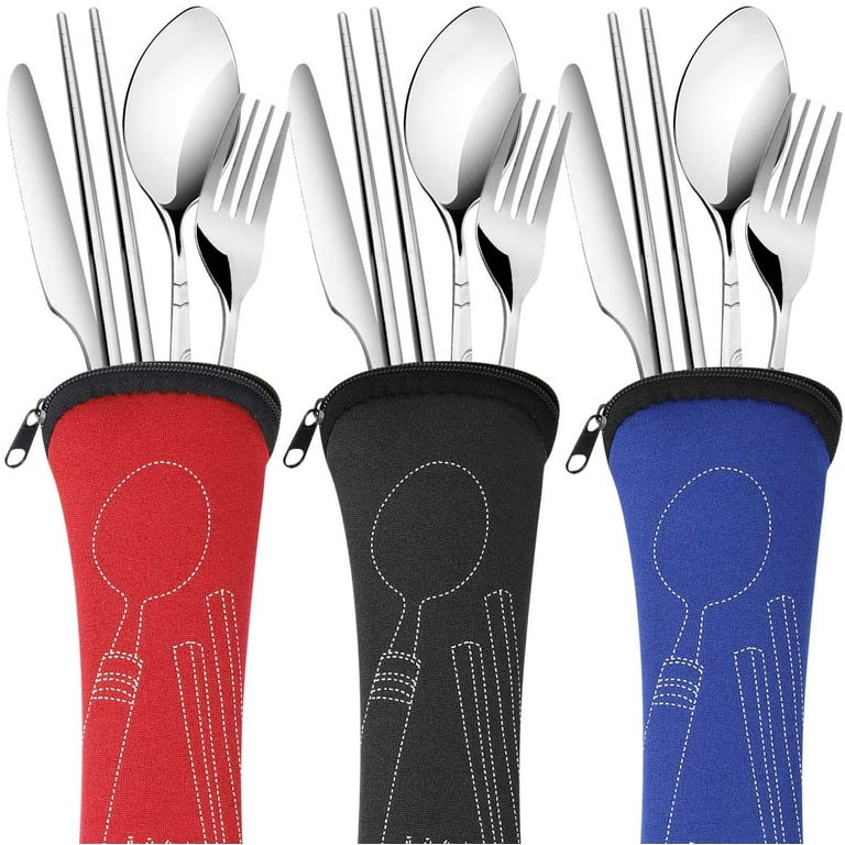 Reusable Utensils Set with Case, 4 Pack Camping Utensils Set, Portable  Plastic Spoon Knife Forks Cutlery Set for Picnic Outdoor Office School  Lunch