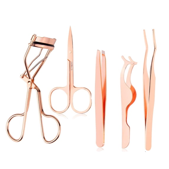 Arroyner 5Pcs Eyelash Applicator Tool Curved Lash Curler Clip Eyebrow Scissors Eyelash Tweezers False Eyelashes Pasting Tool (Rose Gold)