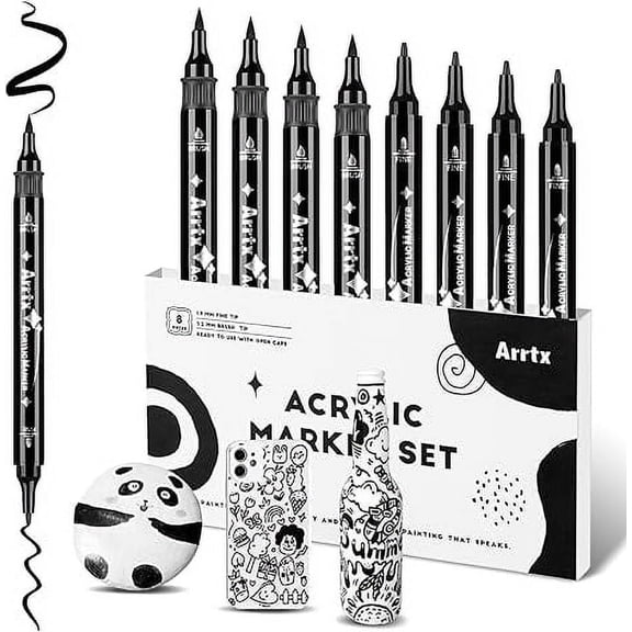 Arrtx 8 Pack Black Acrylic Paint Pens, Dual Tip Acrylic Paint Markers