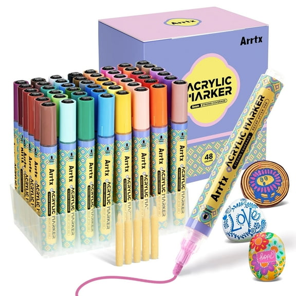 Arrtx Acrylic Markers, 48 Colors 3mm Medium Point Water-based Ink Large Refill Acrylic Paint Pens for Rock Painting, DIY Craft, Glass, Wood