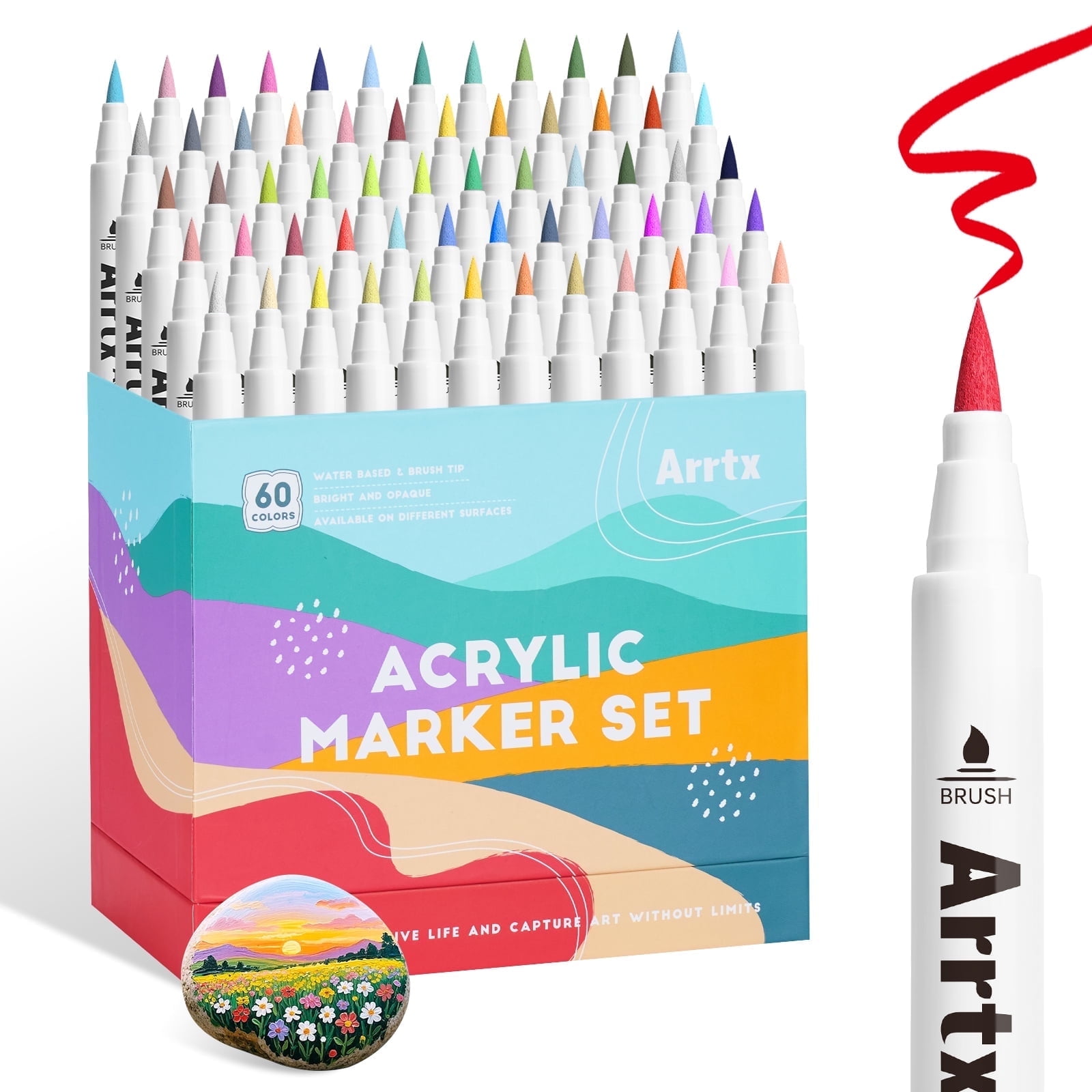 Arrtx Acrylic Paint Markers, Set of 60, 1-6mm Warter-Based Brush Tip Acrylic Paint Pens, Landscape Theme