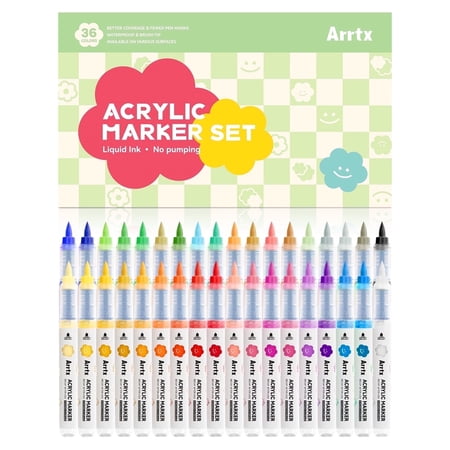 Arrtx Free Ink Markers, 36 Colors Acrylic Paint Pens, Water-Based Acrylic Markers for Rock Painting, Fabric, Easter Eggs, DIY Crafts